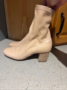 Classic Nude Sock Heel Boot — Stretch Upper with Stacked Block Heel